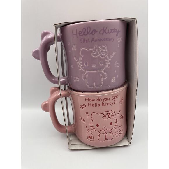 Hello Kitty 50th Anniversary Bow Mug Set By Blue Sky Clayworks Pink & Purple New - Picture 7 of 9